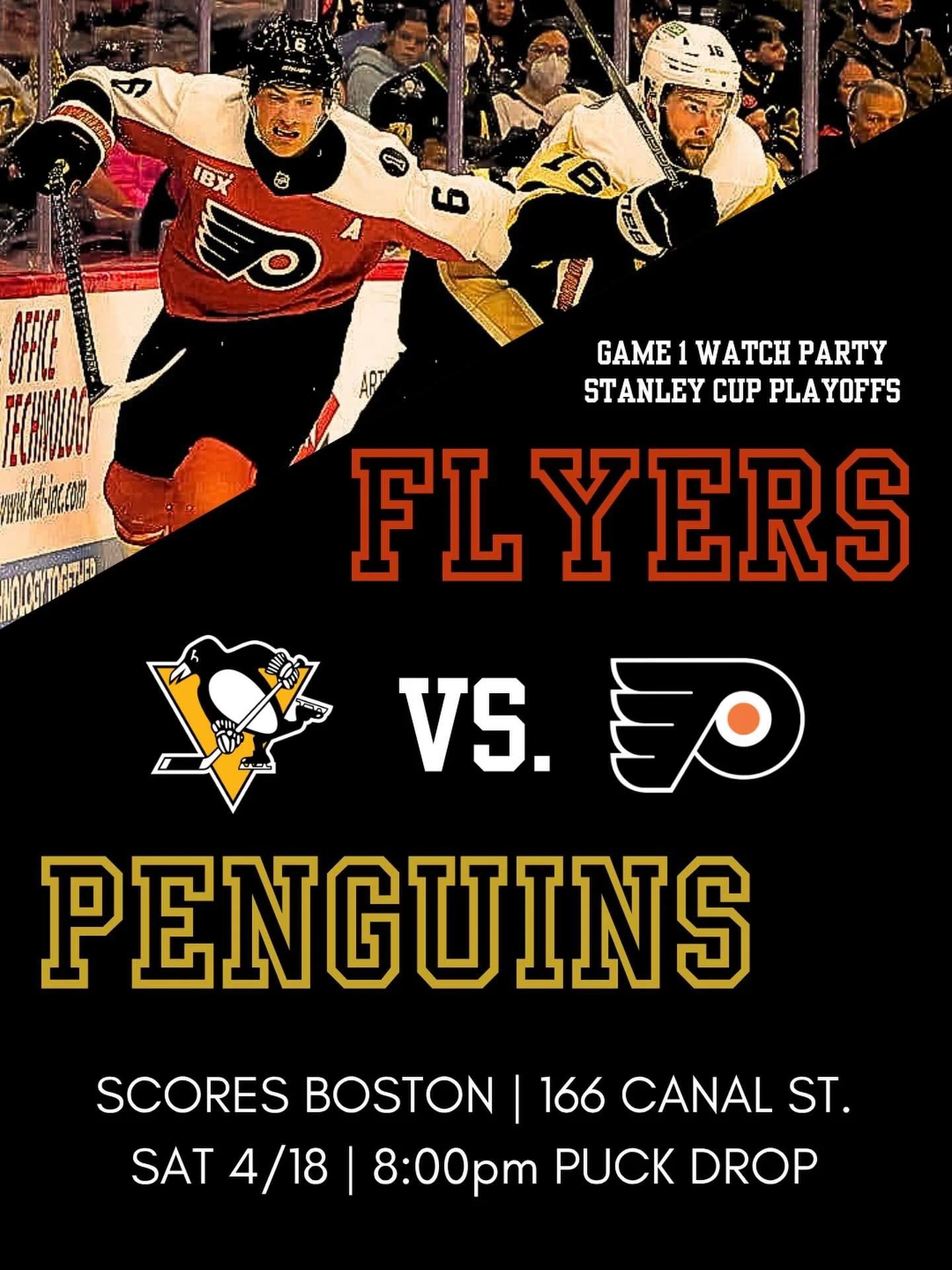 PHILLY FANS OF BOSTON!! The Flyers are back in the playoffs, facing off against our PA neighbors to the west. It&rsquo;s the battle for Pennsylvania!
-
Game 1 Watch Party at Scores on the 1st floor
-
Bring a friend and cheer on those Broad Street Bul