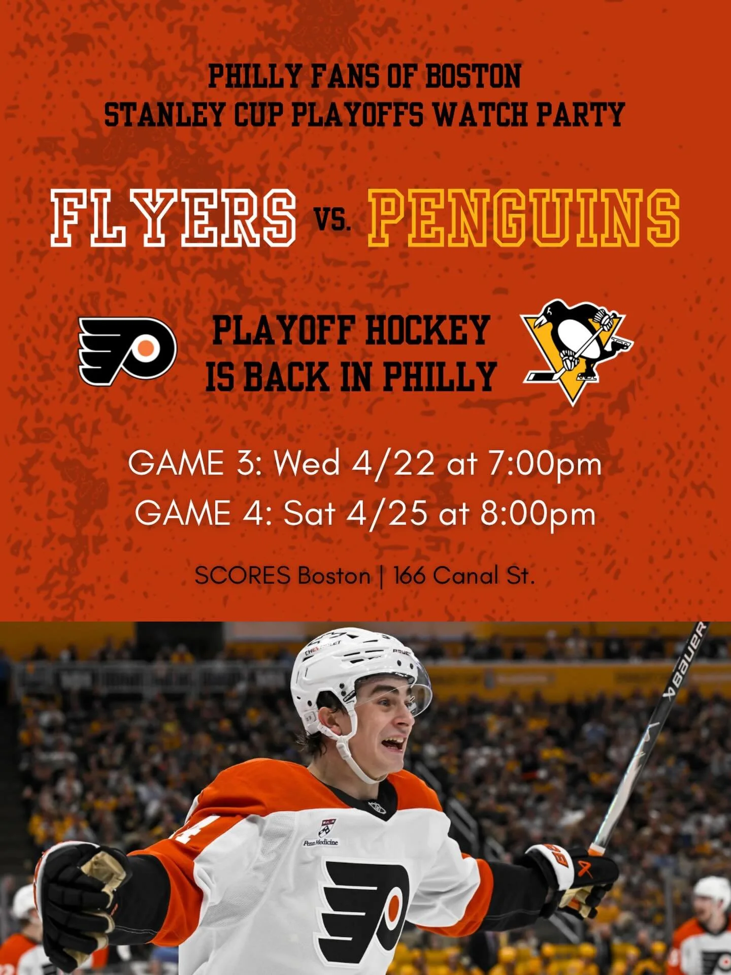 THE FLYERS START THE SERIES 2-0 TO BRING IT BACK TO PHILLY!
-
These young boys are the new generation of the Broad St Bullies. Come cheer them on at Scores for games 3 and 4, maybe even making a clean sweep of those Penguins.
-
Game 3 is Wednesday at