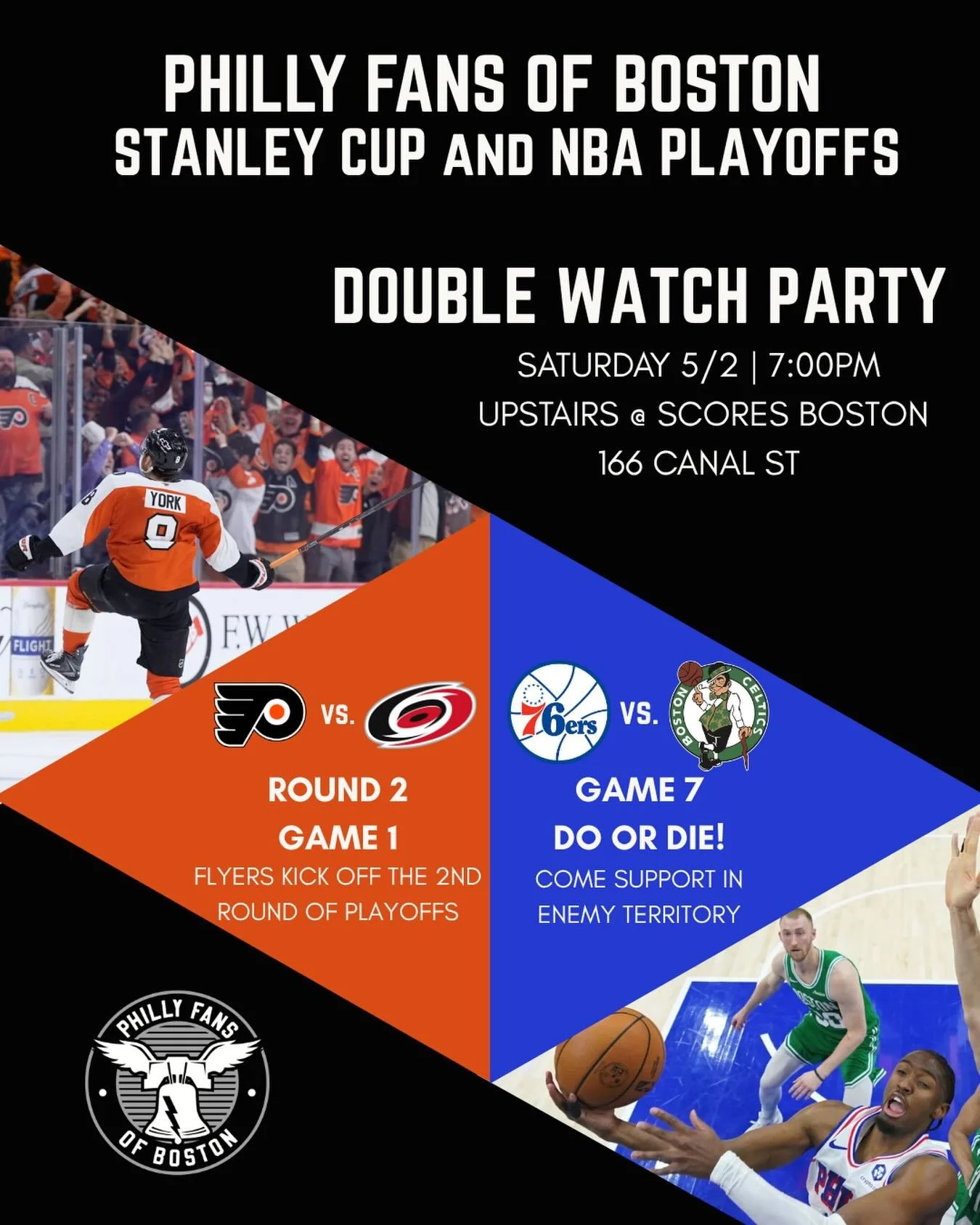 Come cheer on the 76ers in GAME 7 in enemy territory right down the street from TD Garden and kick off round two of the Stanley Cup playoffs. We&rsquo;ll see you there!

📍 Scores Boston | 166 Canal St. 2nd floor @ 7pm
💙 7:30pm Tip Off
🧡 8pm Puck D