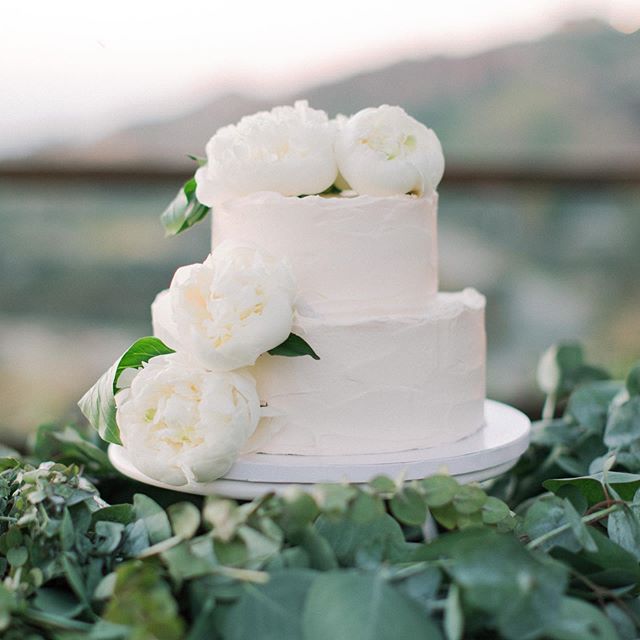 We are seeing more and more couples opt for smaller wedding cakes, choosing to pair them with dessert bars.  I love the simplicity of this two tiered wedding cake adored with fluffy white peonies!  Planner @starhansenevents via @kelly_patrice. Venue 