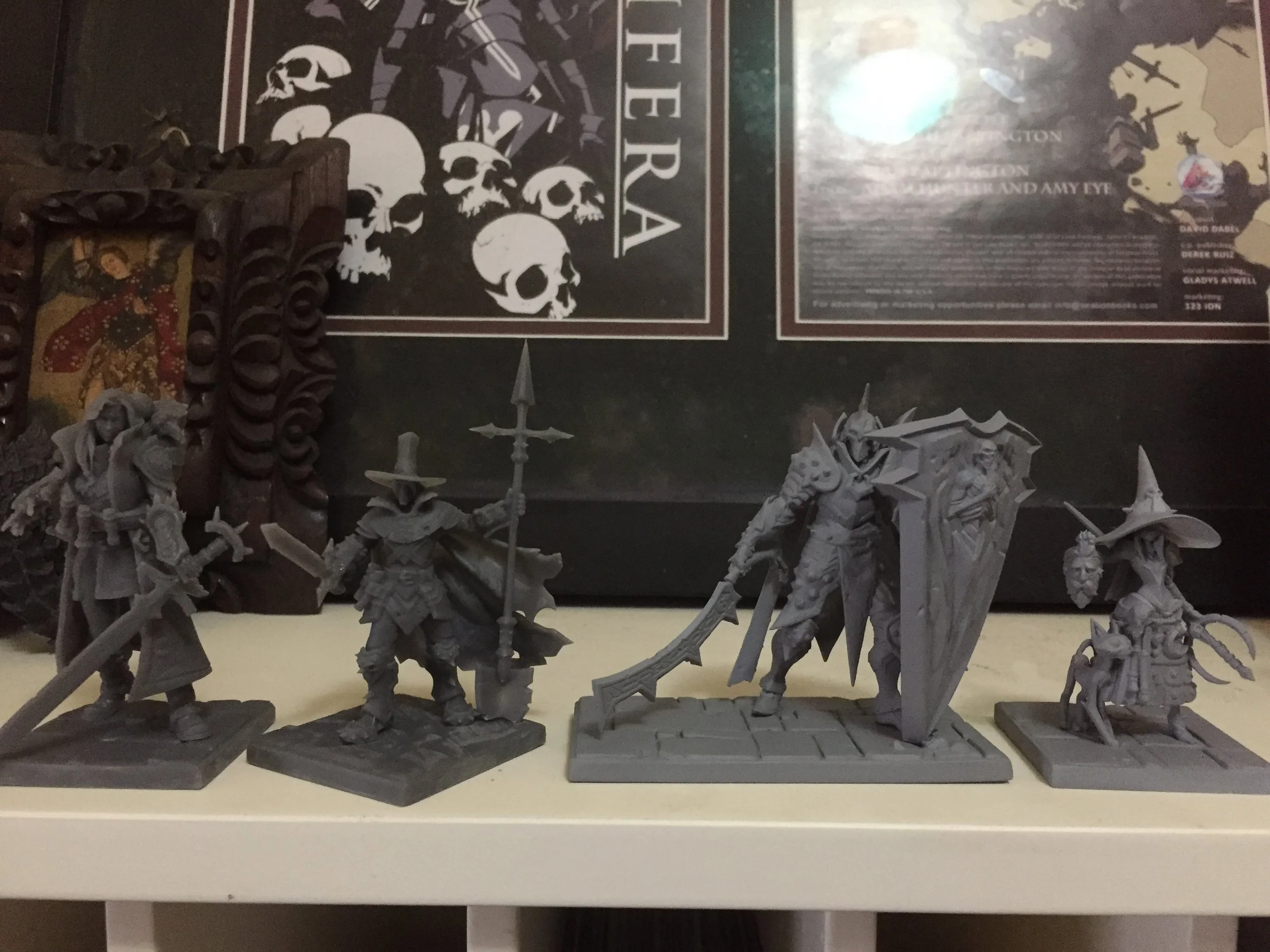 3D Printed Figure Prototypes of Sadie Ironcrest, The Grave Keeper, The God Killer, and The Conjurer