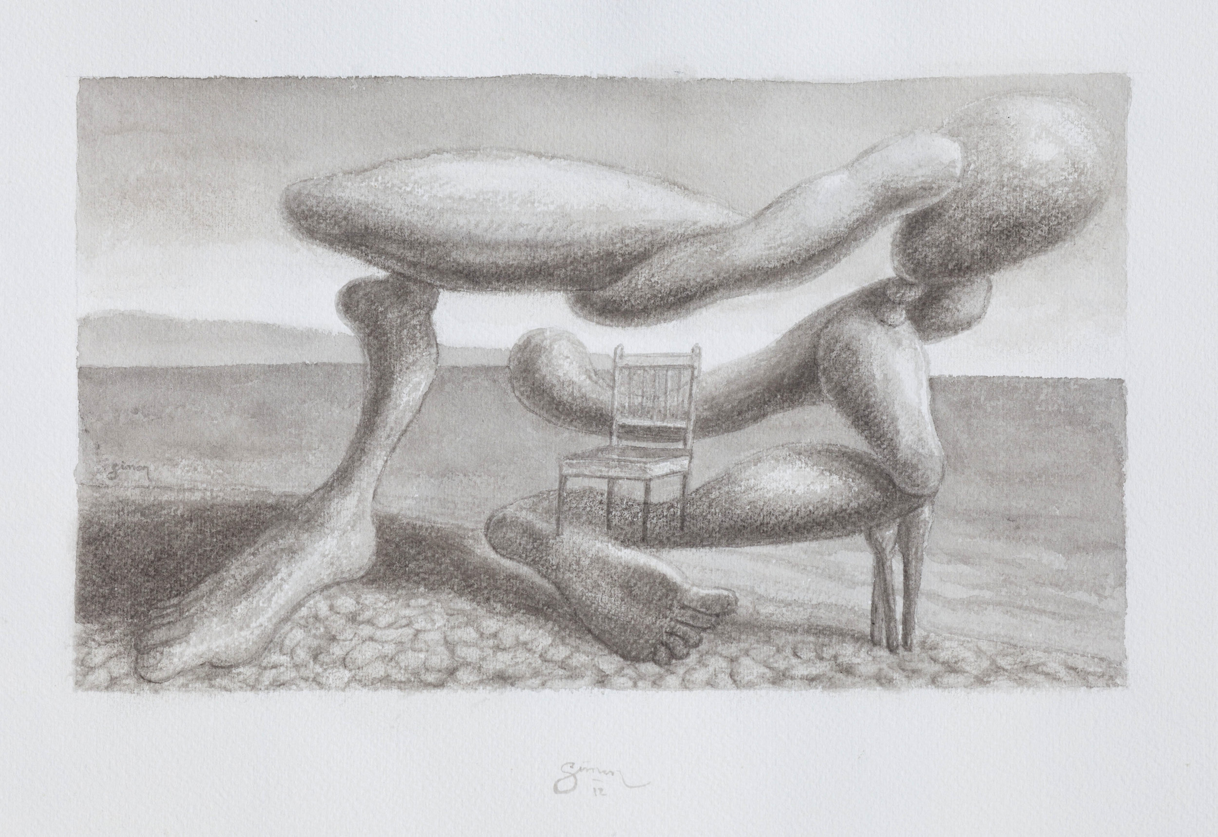 Figure reclining on a pebbly beach