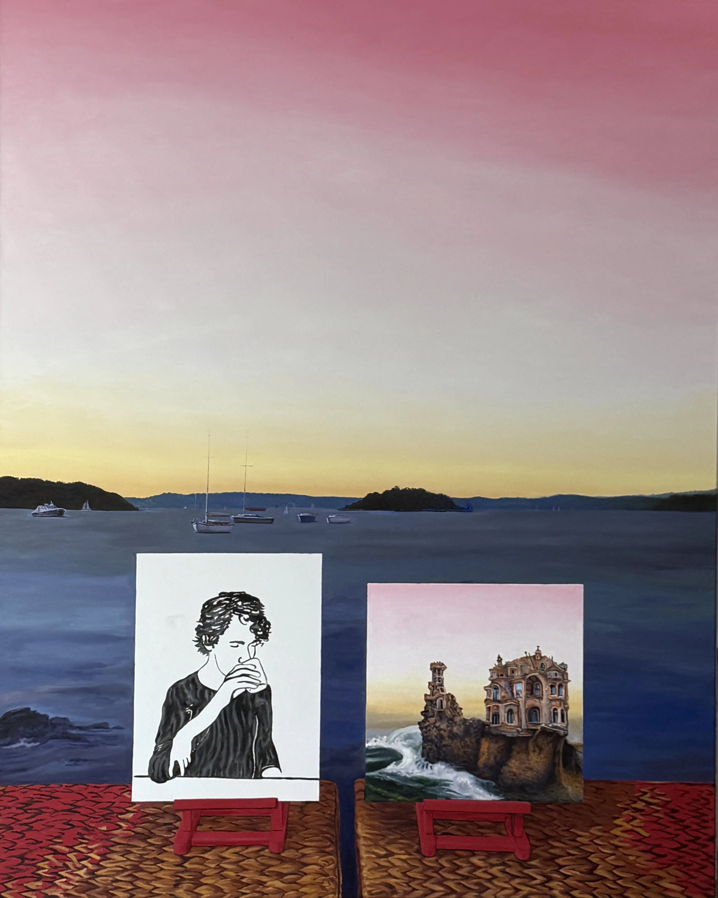 Self portrait with catastrophe, oil on linen 42"x52" 107x132cm 