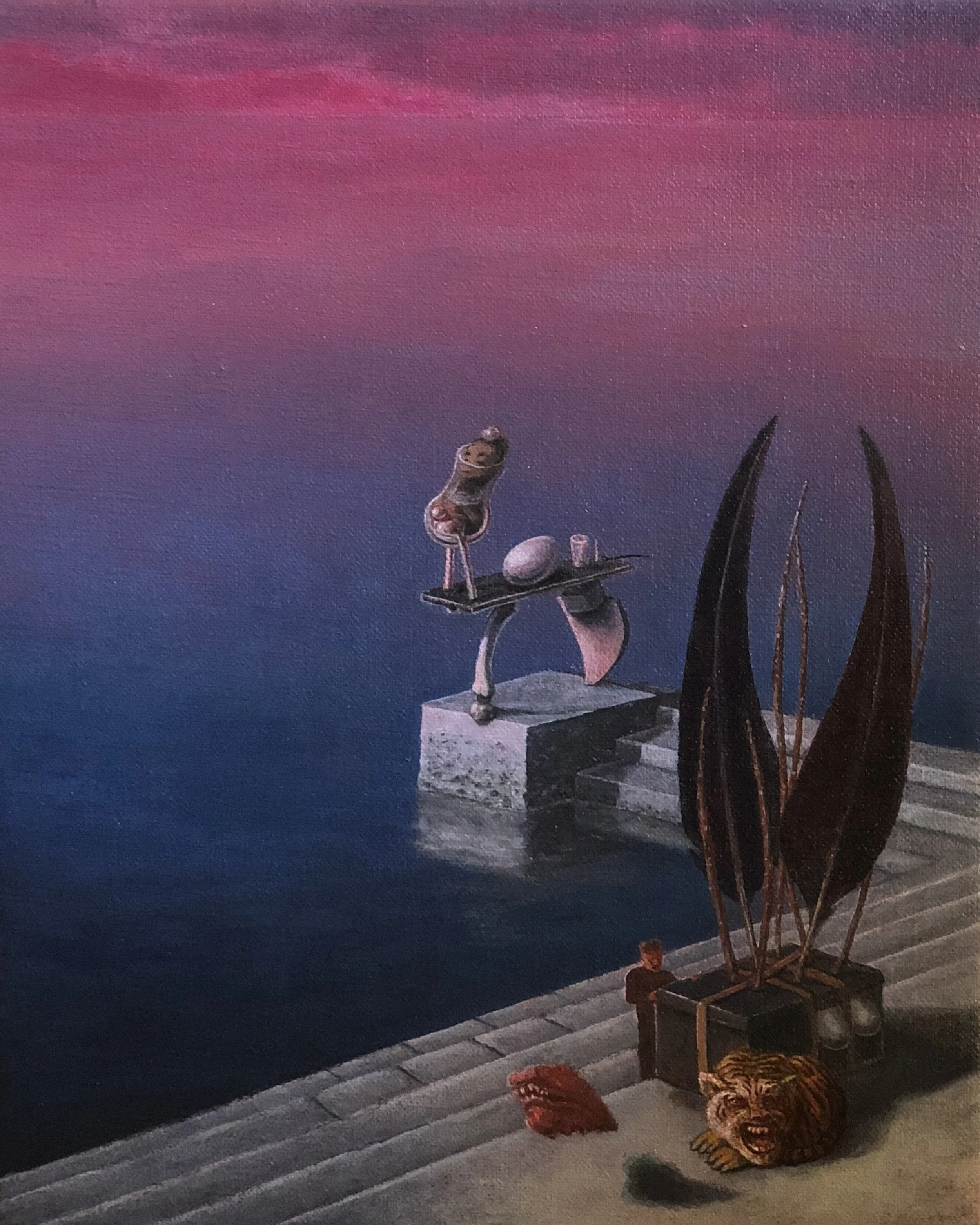 Privacy (two black feathers boxed together), oil on linen 30.5x38cm