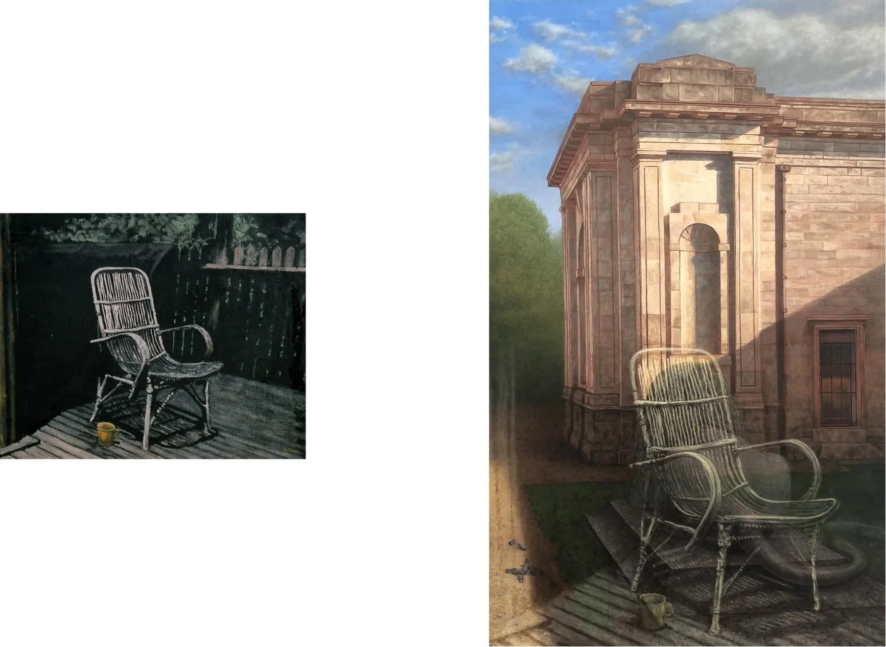 Anecdote as superposition, oil on linen, diptych  66x107cm and 51x40.6cm