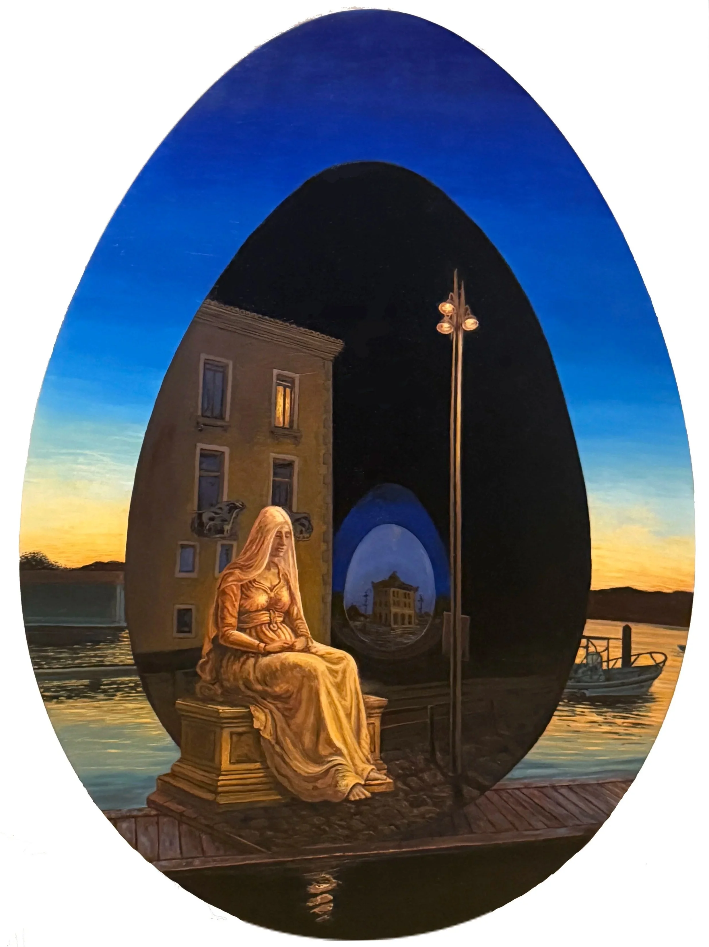 Monument to Invisibility, oil on egg shaped timber panel, 40x55cm