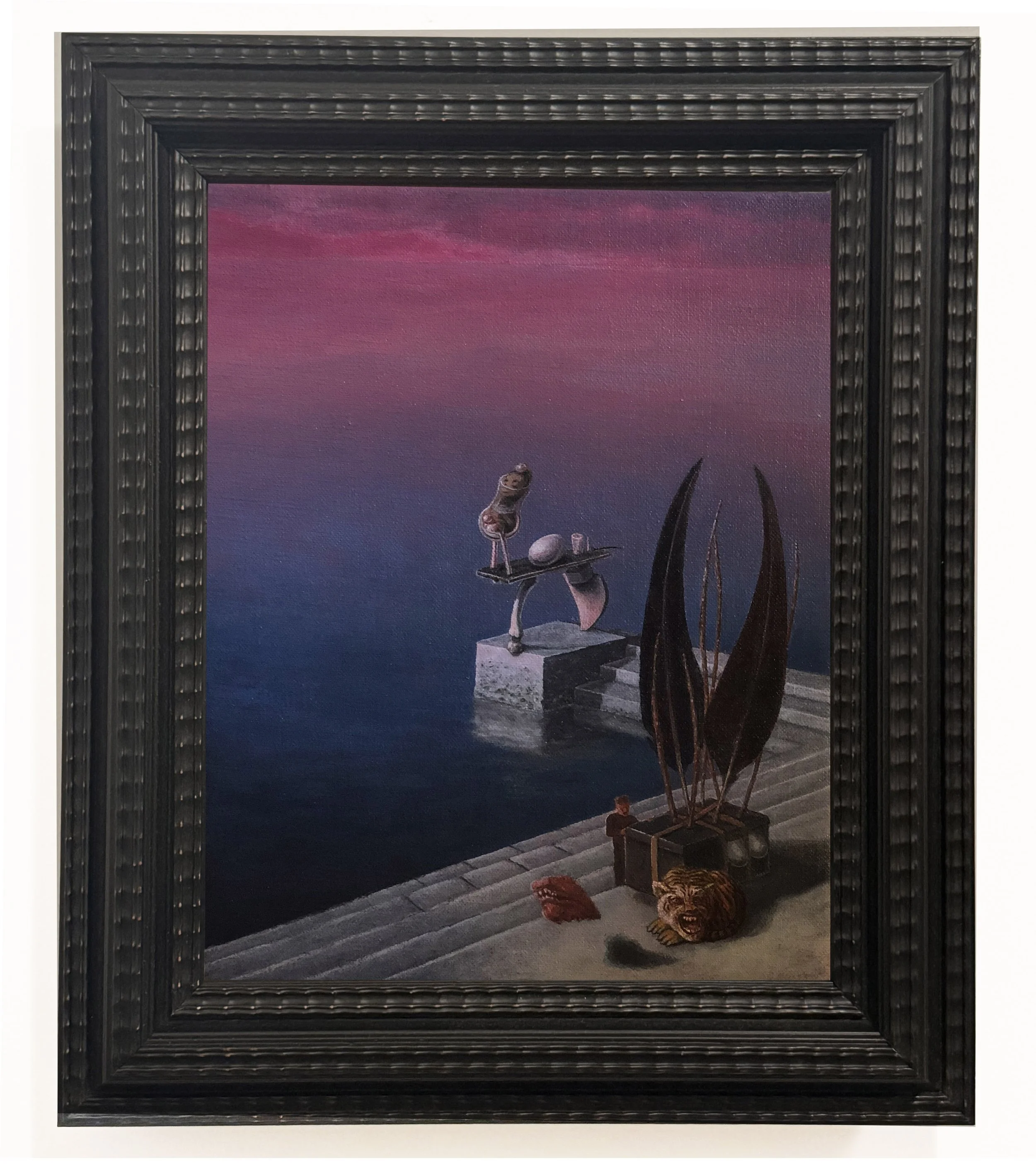 Privacy (two black feathers boxed together), oil on linen 30.5x38cm (+ frame)