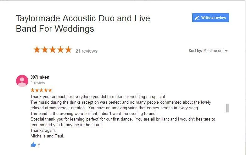 Michelle and Paul's Google Plus 5 star review from Kilworth House wedding