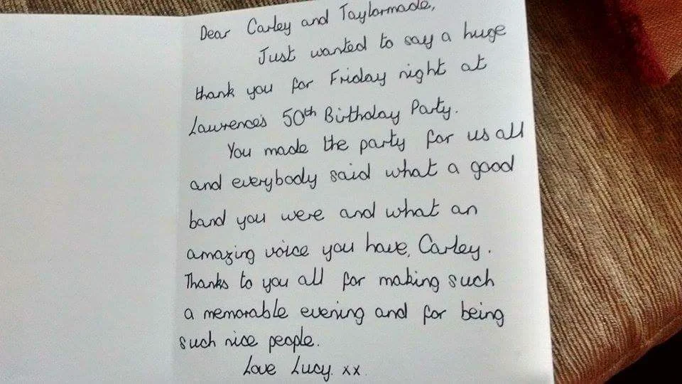 Thank you card from Lawrence's 50th birthday party in Daventry