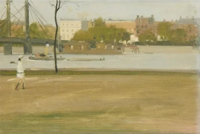 Sir Herbert James Gunn RA PRP RSW (British, 1893-1964), View of the Thames and the Albert Bridge from Battersea Park, oil on board 25.5 x 35.5cm (10 1/16 x 14in).