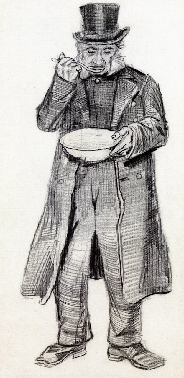 Orphan Man with Top Hat Eating from a Plate, Vincent van Gogh Drawing, Pencil, The Hague: September - October, 1882