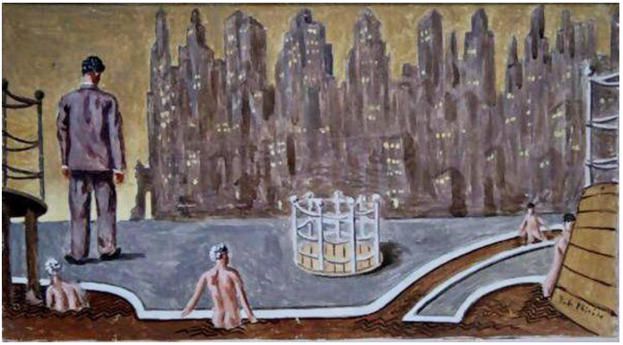 Giorgio de Chirico, (1888–1978) , I bagni misteriori a Manhattan 1937, Oil on Cardboard, 25.5 x 45 cm. (10 x 17.7 in.)