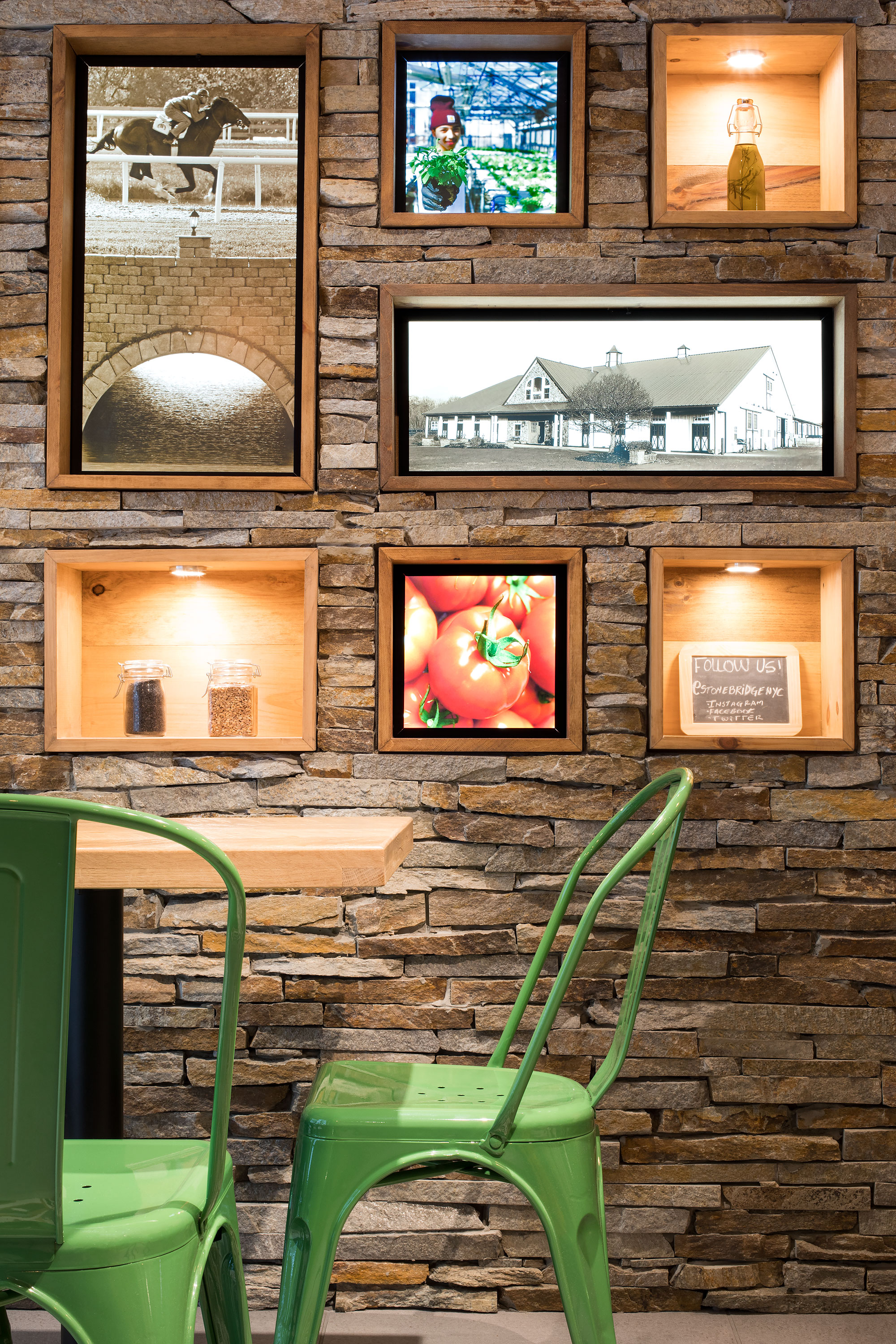 Stone Bridge Pizza & Salad - Entry Seating and Farm to Table Lightbox Wall
