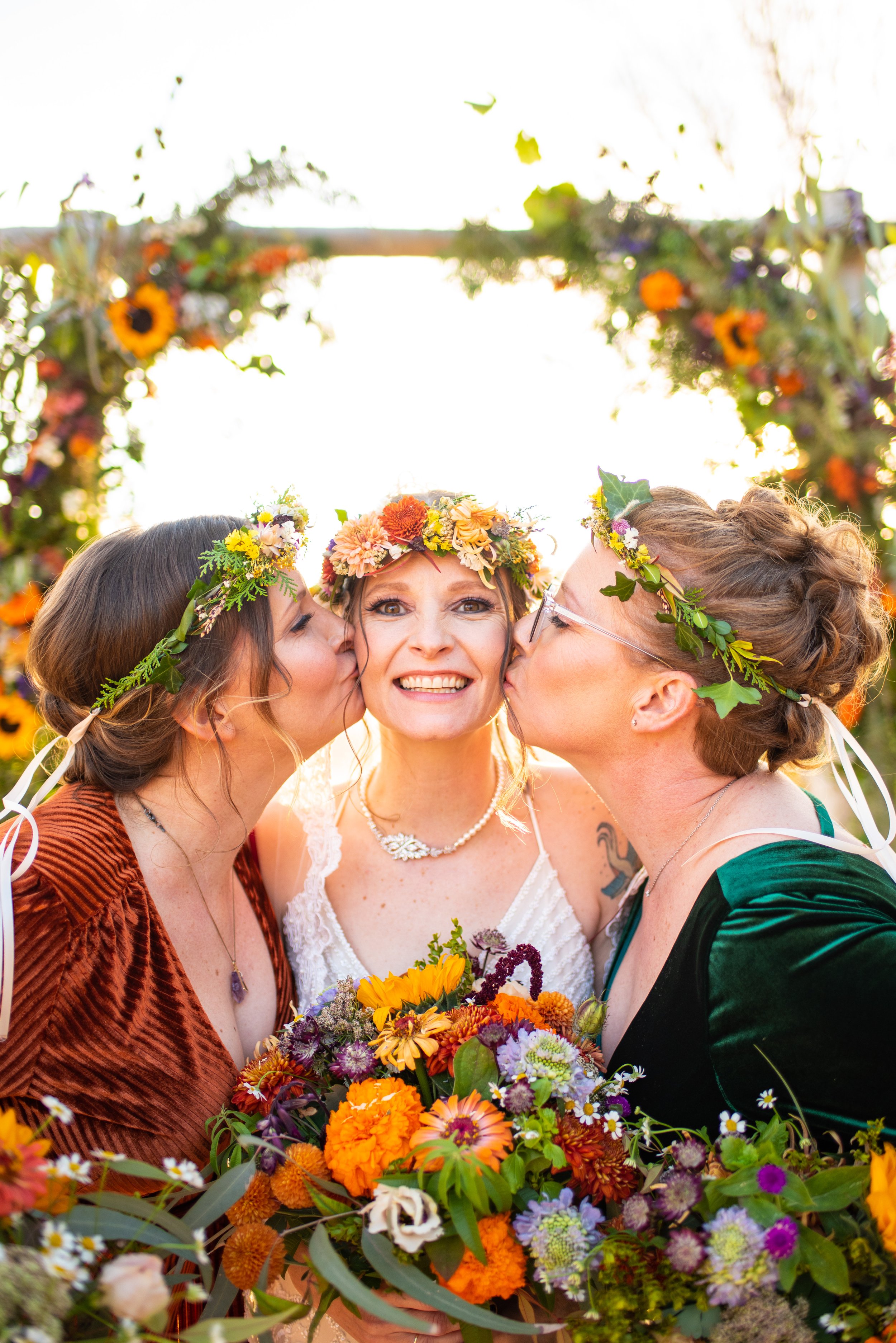 Vibrant autumn fairytale wedding bridal party crowns