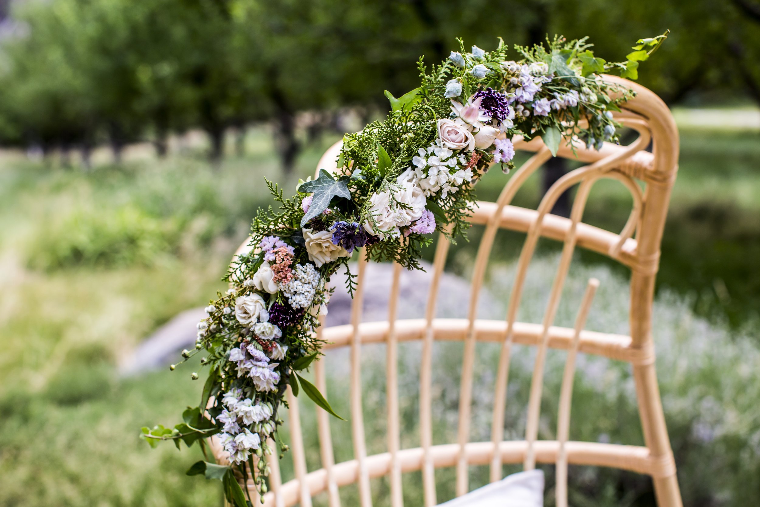 Romantic summer solstice orchard wedding chair decor