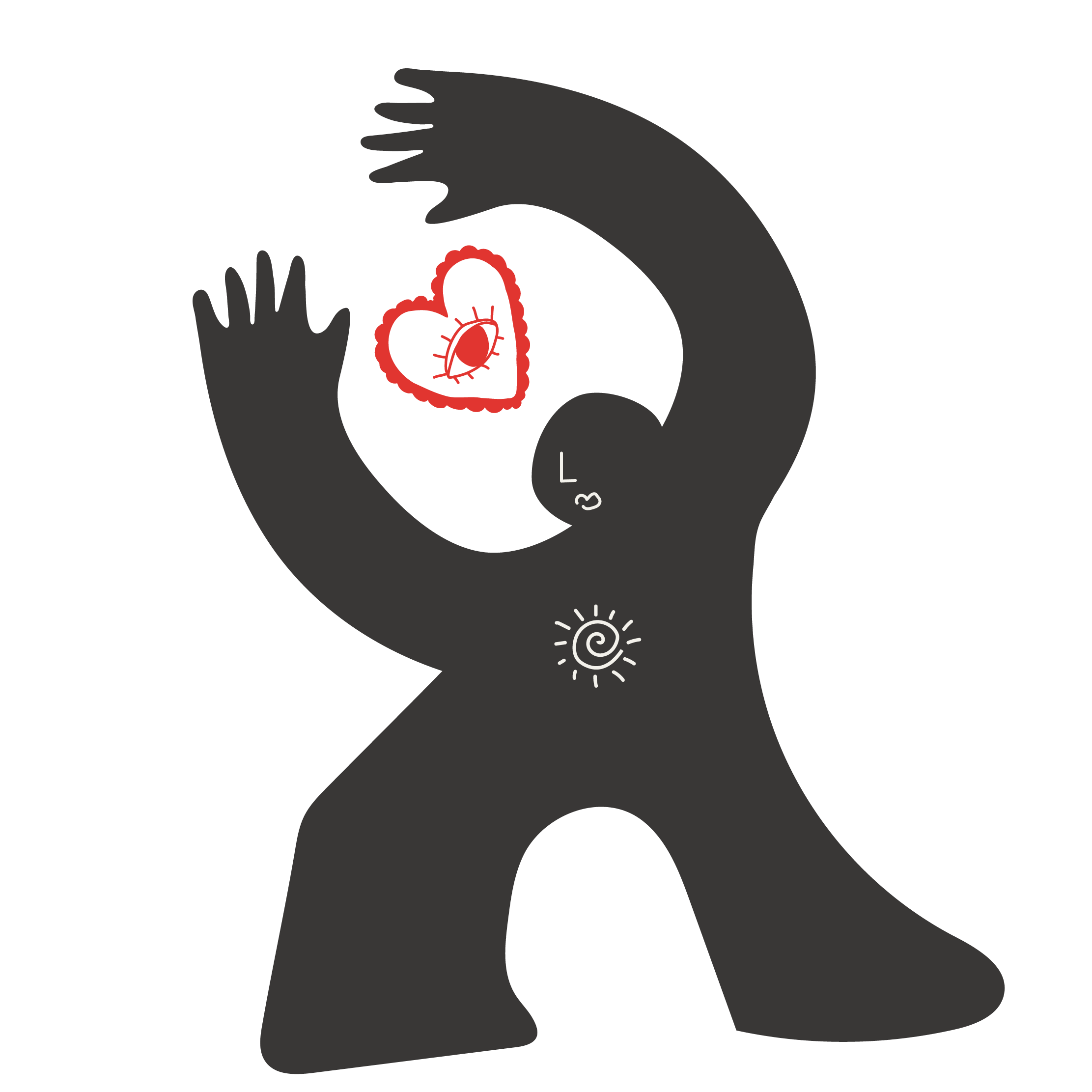 A black silhouette of a person with arms raised, a red heart with a virus inside near the head, a small spiral on the chest, and the letter 'L' and number '3' on the face.