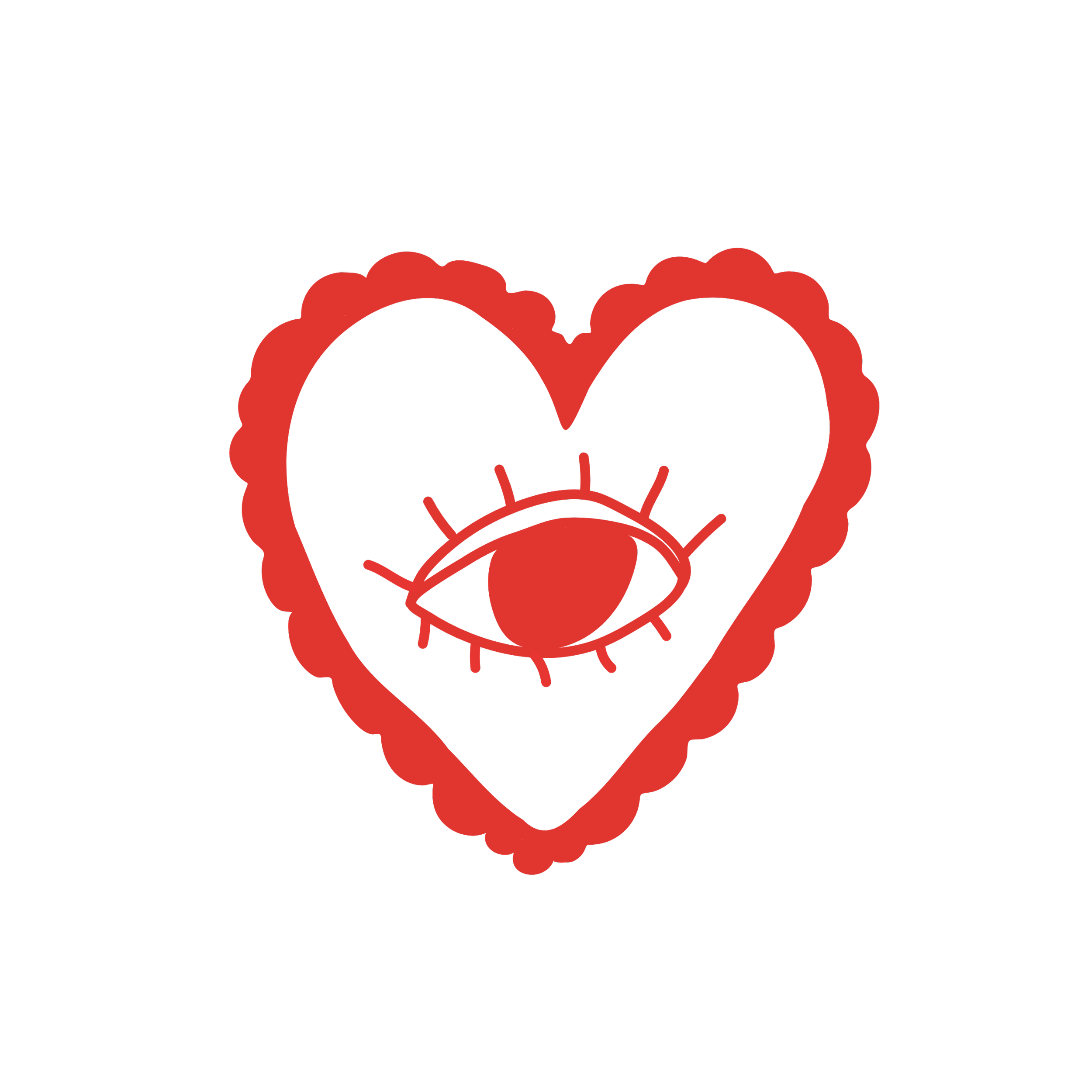 A black background with a red, jagged heart outline and a stylized eye inside the heart.