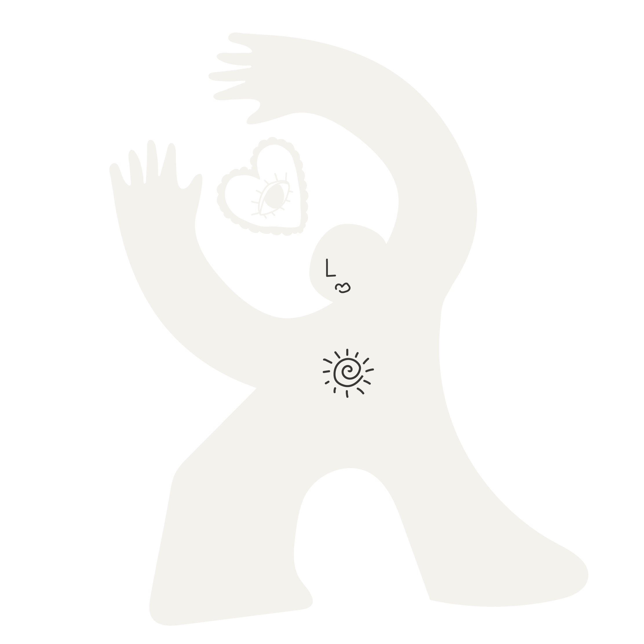 Black and white abstract illustration of a figure with outstretched arms, spiral and star symbols on the chest, and a heart with a shell inside near the head, on a black background.