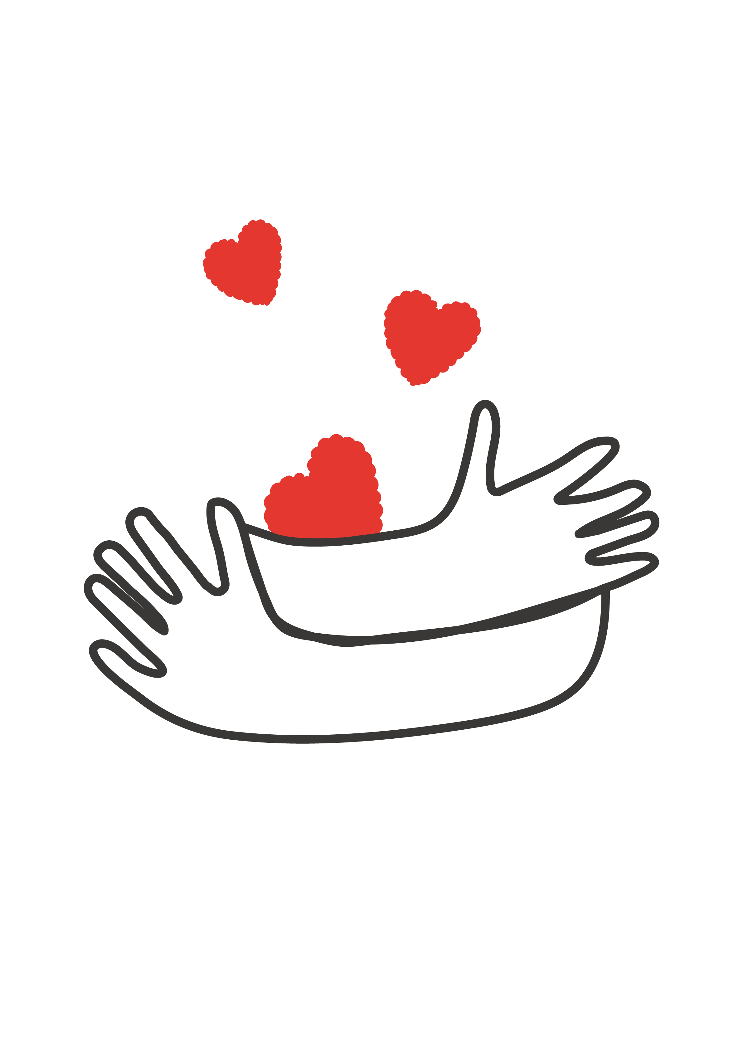 Outline of hands holding a heart with floating red hearts above.