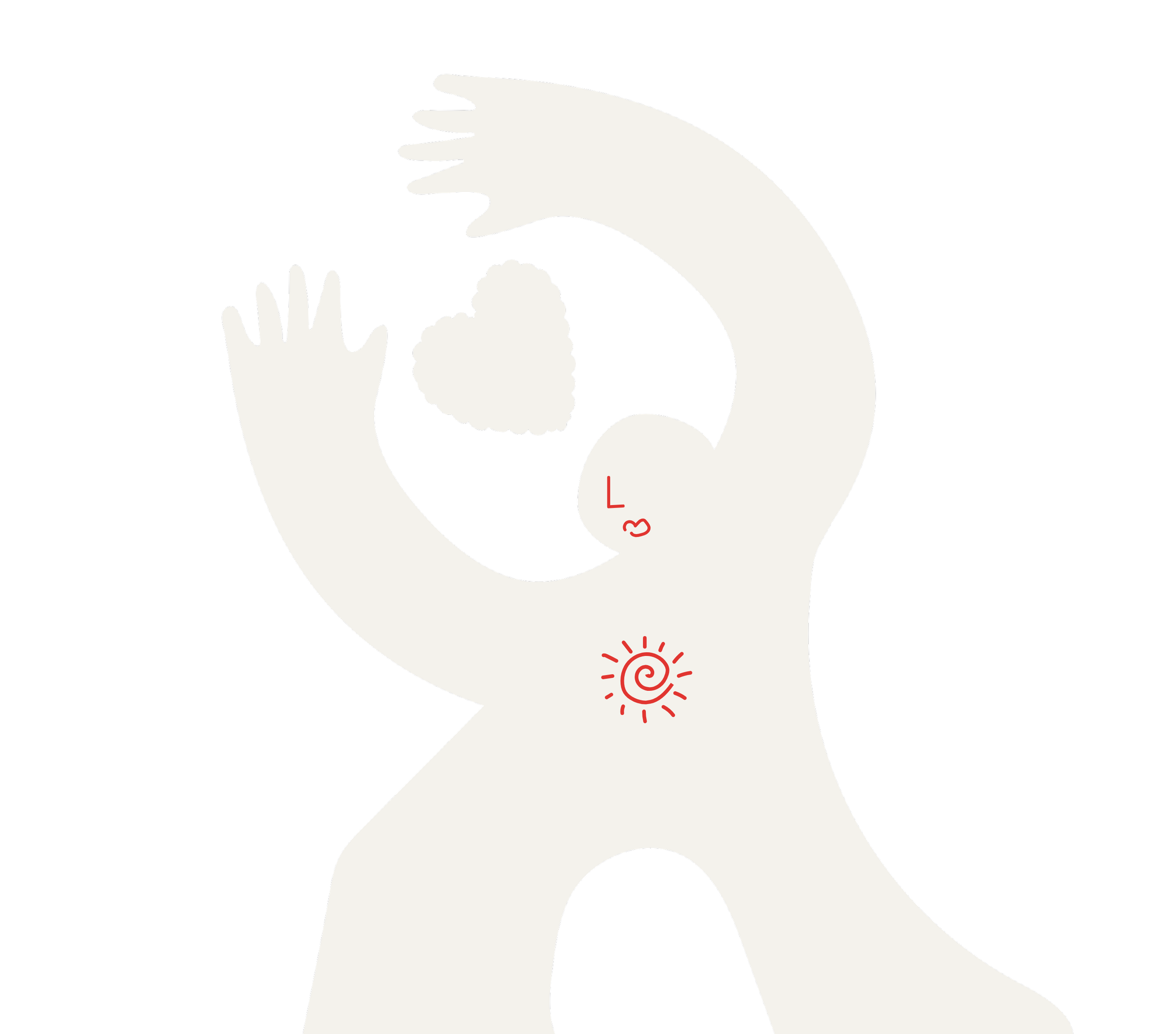 A stylized white figure with outstretched arms, holding a heart shape, on a black background. The figure has red line accents, including a spiral on the chest, a small red