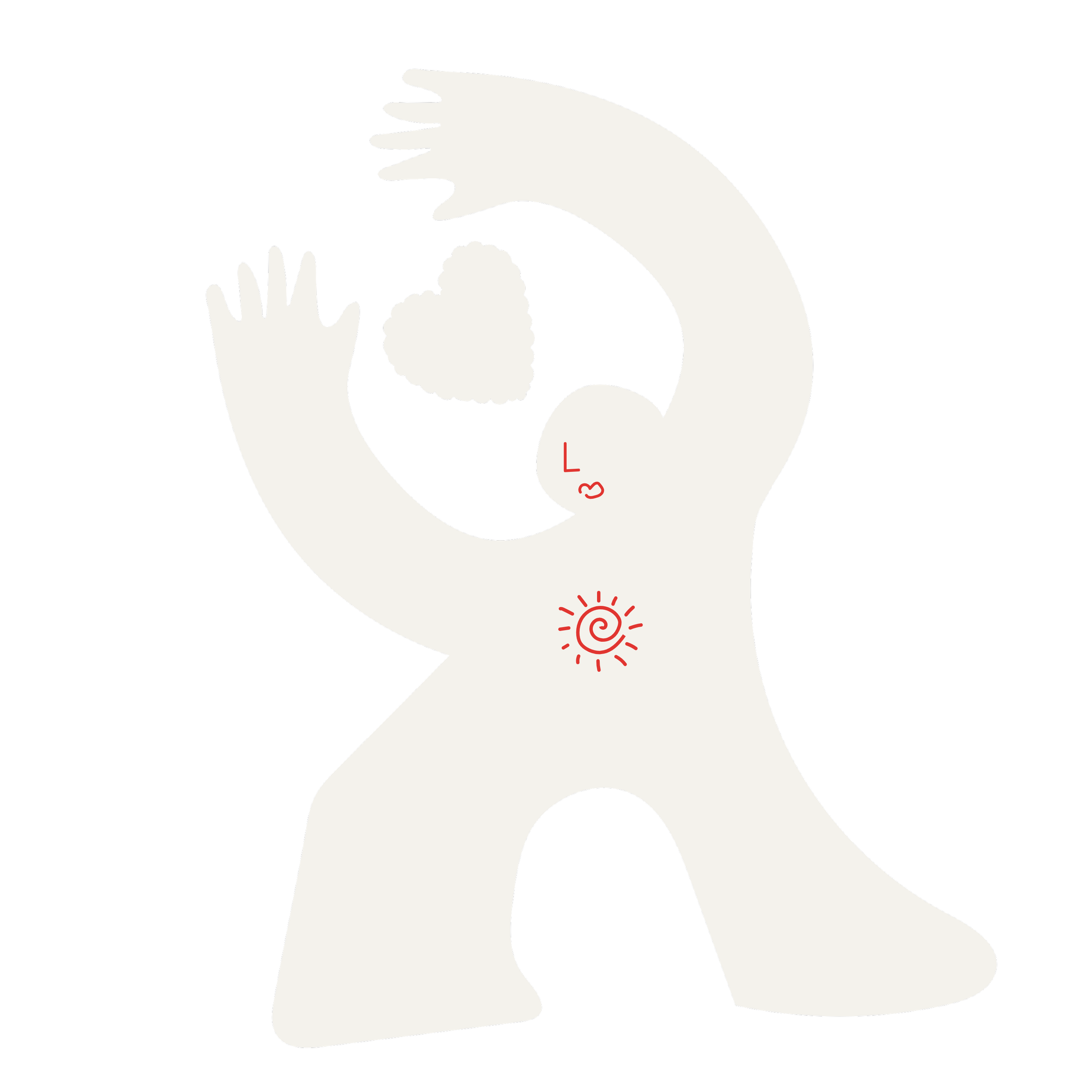 A stylized white human figure with arms raised, holding a heart. The figure has a red spiral on its stomach, a red sun symbol, and red markings on its face. The background is black.