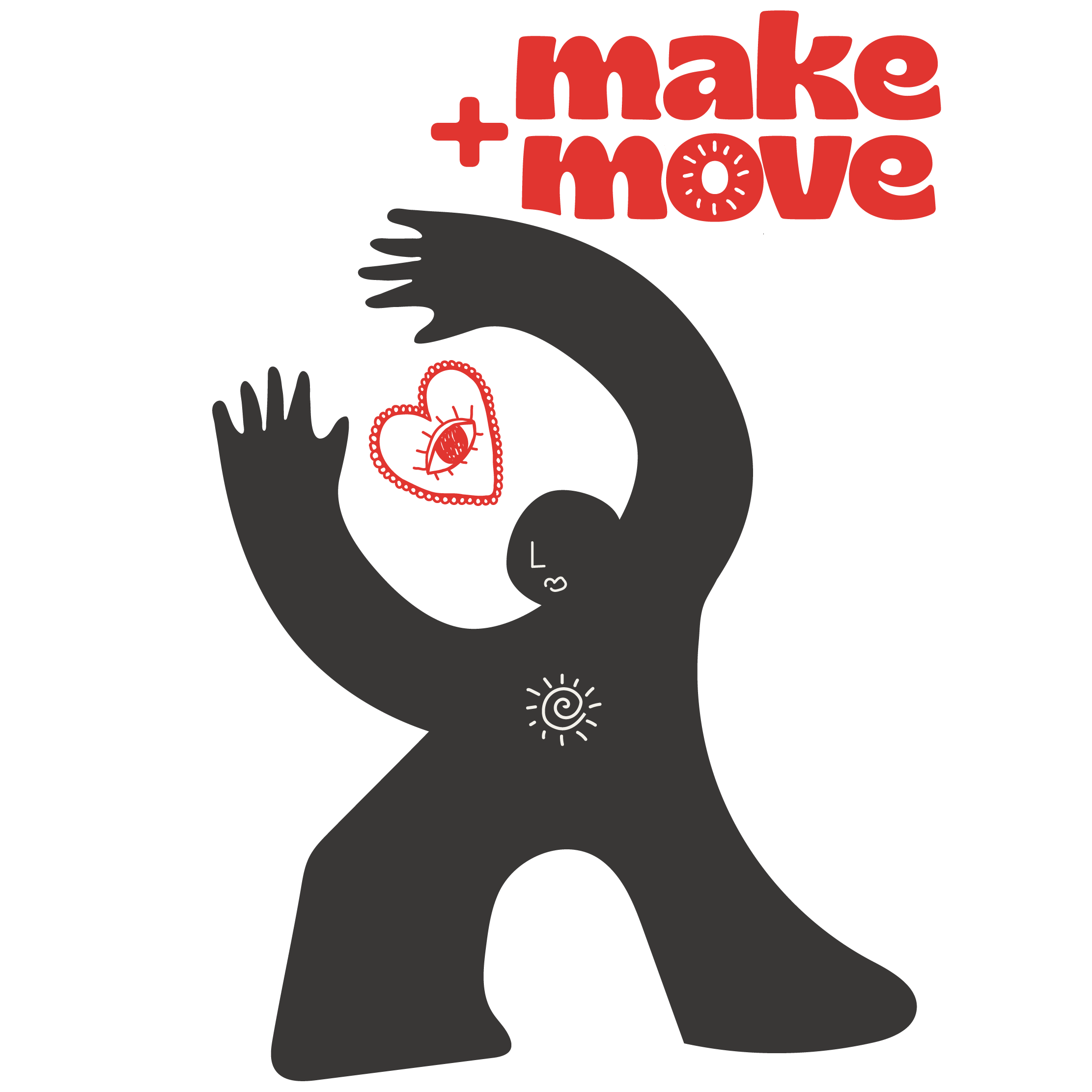 Stylized black silhouette of a person with arms raised, surrounded by red text '+ make + move' at the top, a red heart with an eye symbol inside, and white symbols on the body.