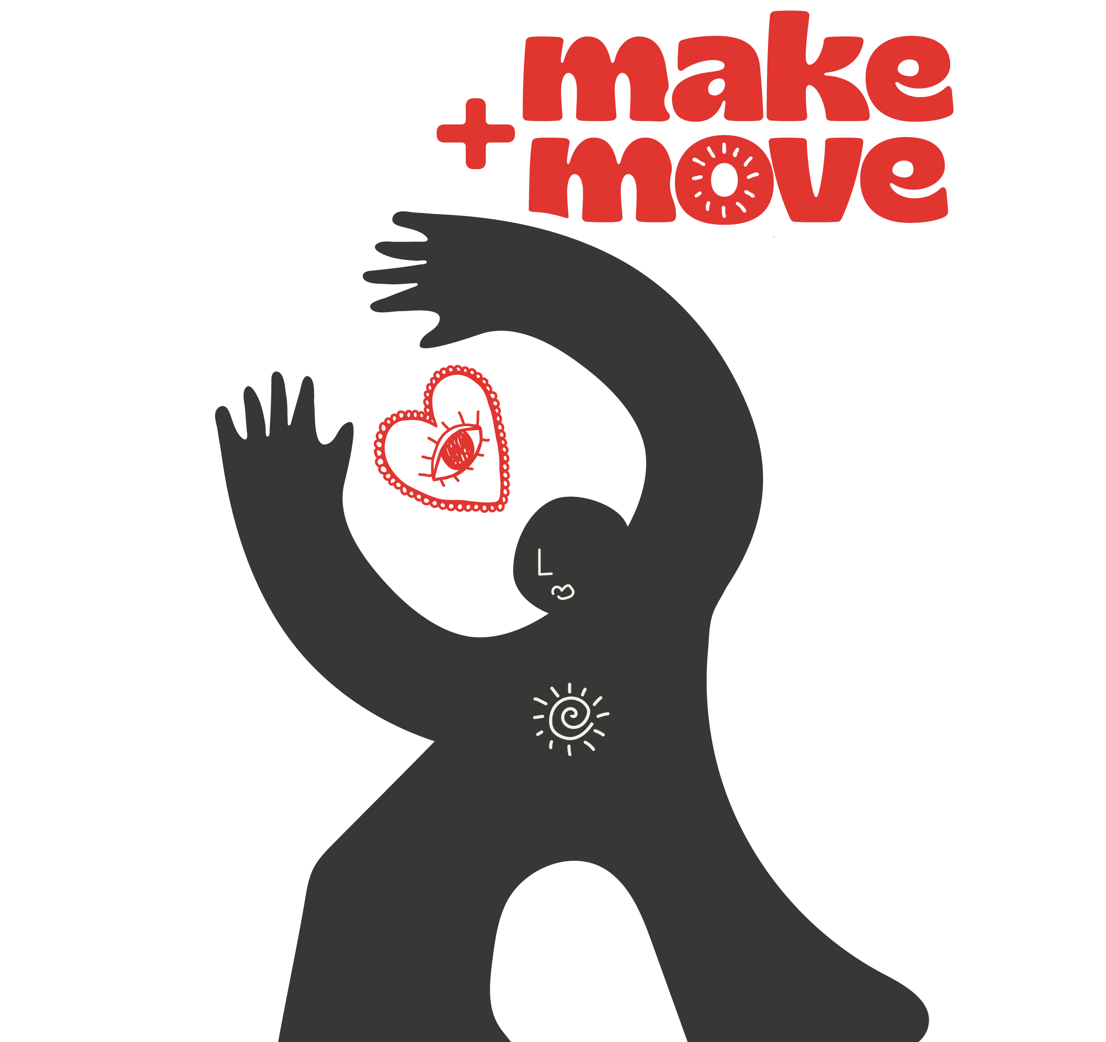 Illustration of a stylized person with a heart containing a bug and text '+ make + move' in red.