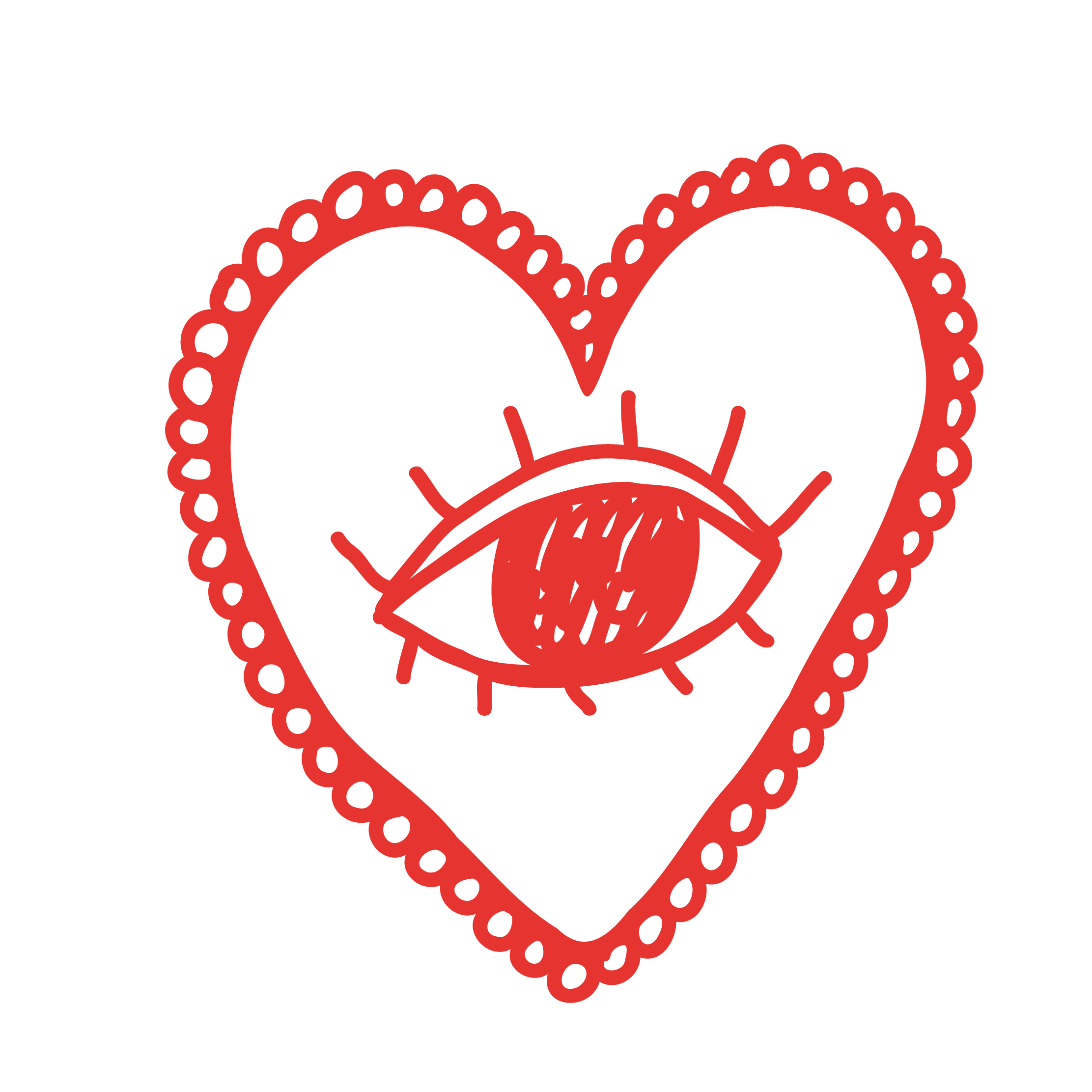 Red outline of an eye with eyelashes inside a heart-shaped border with dotted edges.