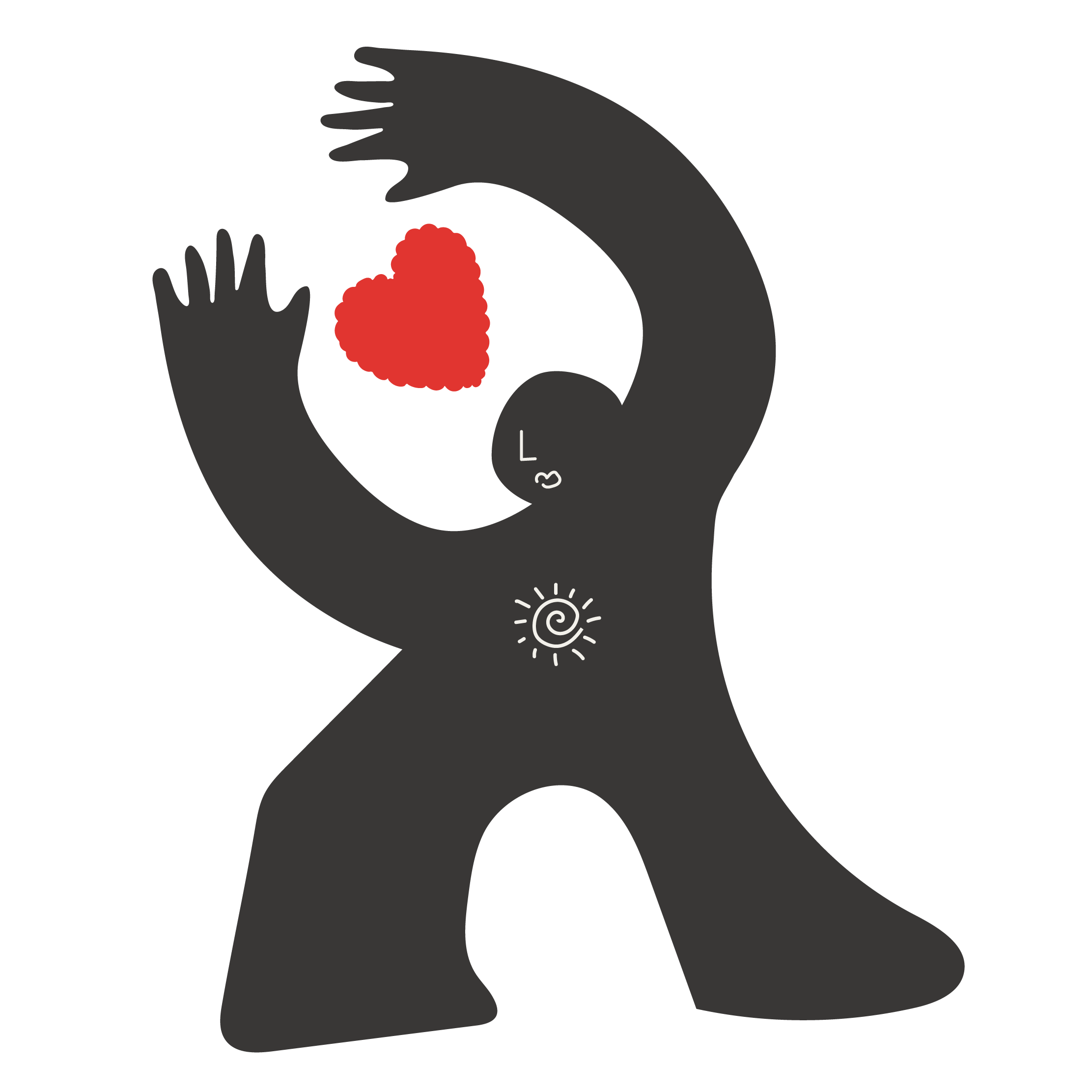 A stylized, dark gray humanoid figure with a spiral symbol on its chest, holding a red heart in front of its face, with arms forming a heart shape around the head.