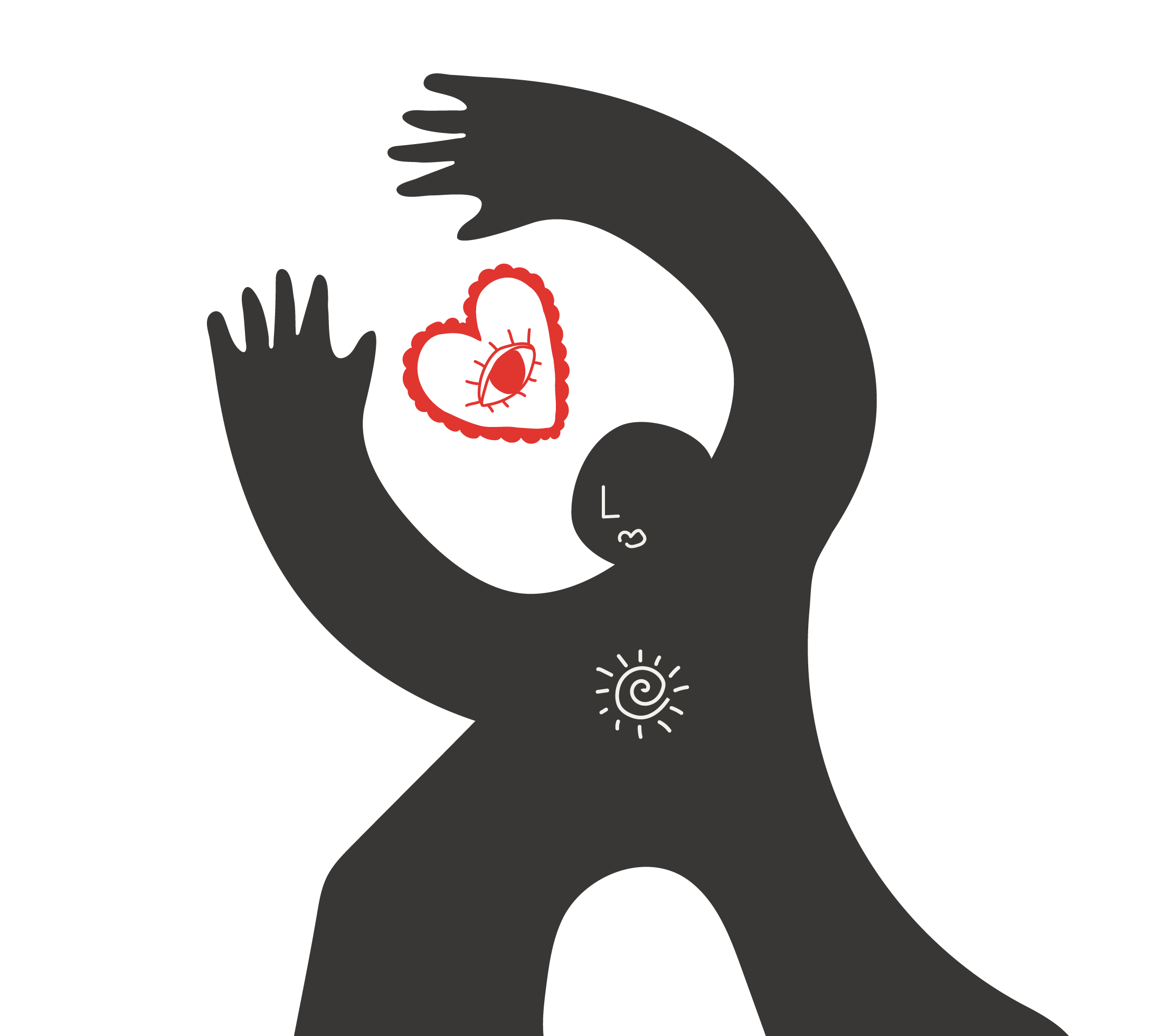 Stylized person with arms raised, red heart with a bug inside near the face, and symbols of the sun and a spiral on the body.