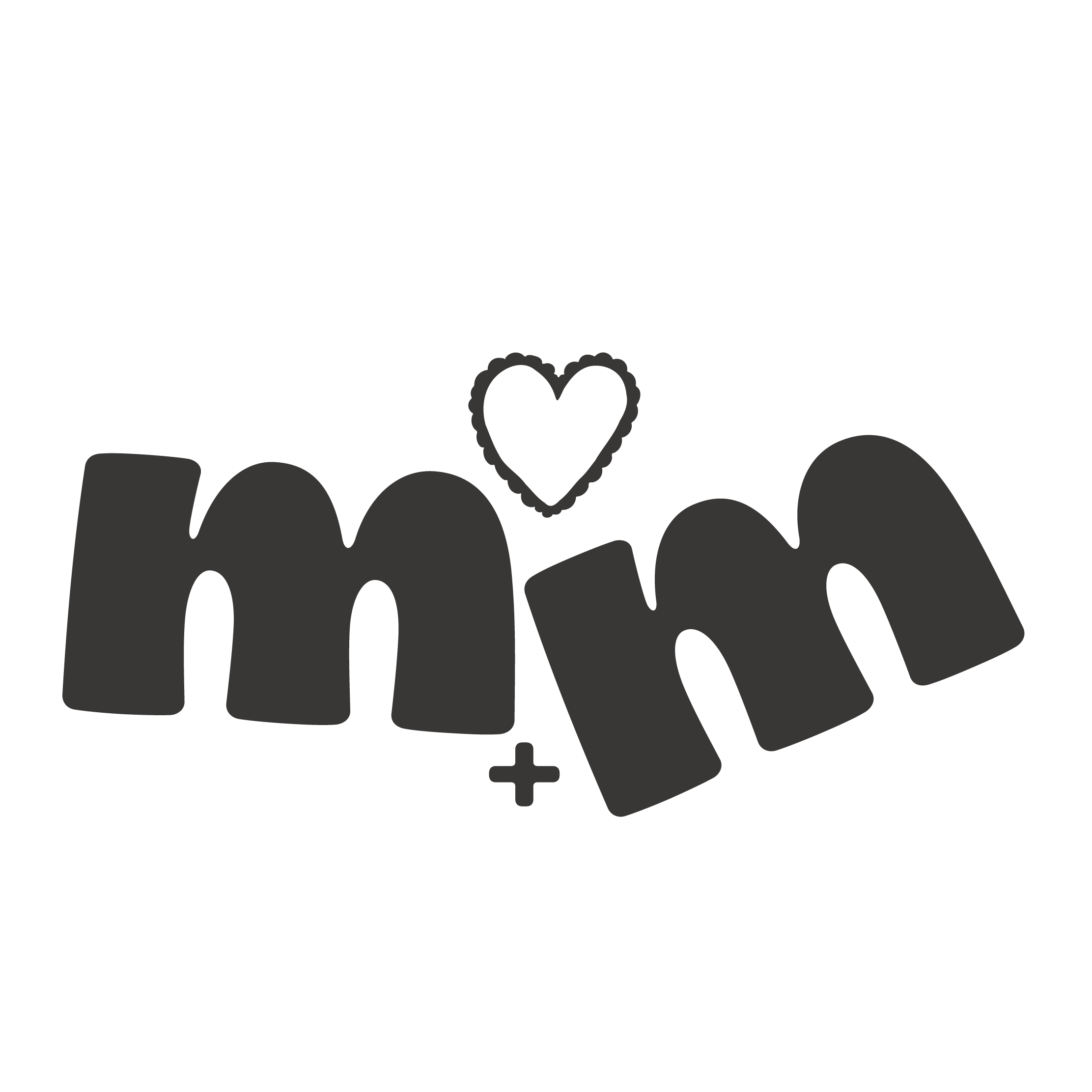 Black and white graphic with the words 'mom' in playful font, a heart, and a plus sign, expressing love for moms.