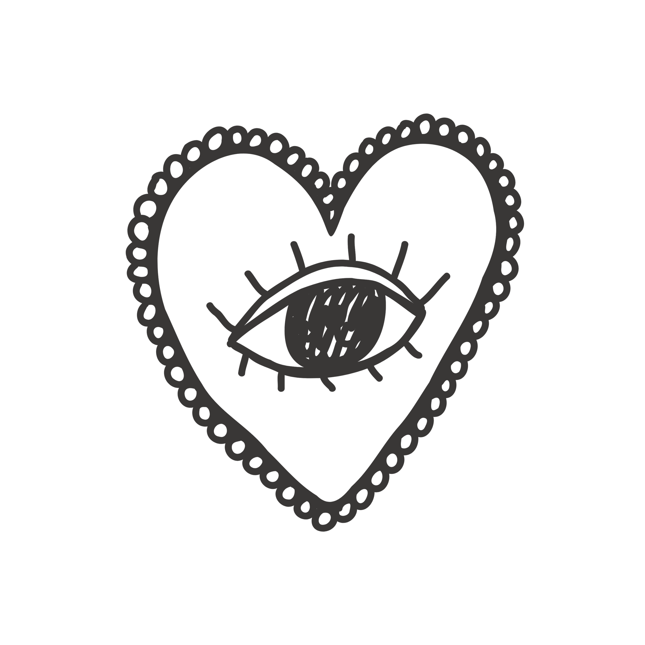 A heart-shaped outline with a dashed border, containing a stylized eye with eyelashes and shading inside.