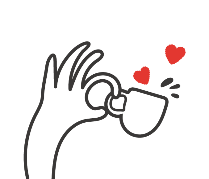 A hand holding a teacup with hearts near it, symbolizing love or affection.