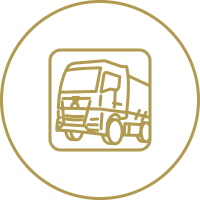 Line art of a truck inside a square, surrounded by a circular border