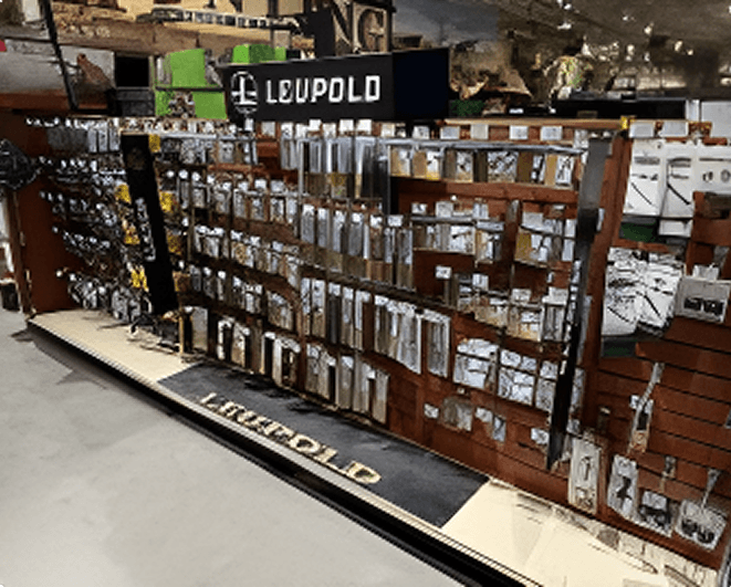 A retail display stand for LOUPOLDO with various small hardware or accessory items hanging on hooks, situated on a store floor.