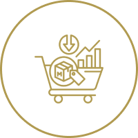 A shopping cart with financial data icons and a rising graph inside a gold circle