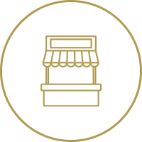 Icon of a storefront with an awning inside a gold circle.