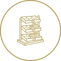 Golden line drawing of a bookshelf inside a circle on a black background.