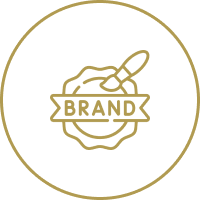 A circular logo featuring a spoon and bowl, with the word 'BRAND' in the center inside a ribbon banner.