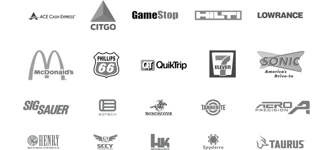 Collection of various logos including Ace Cash Express, Citgo, GameStop, Hilti, Lowrance, McDonald's, Phillips 66, QT, 7-Eleven, Sonic, Sig Sauer, EOTech, Winchester, Redfield, Aero Precision, Henry, SOG, H&K, Spyderco, and Taurus.