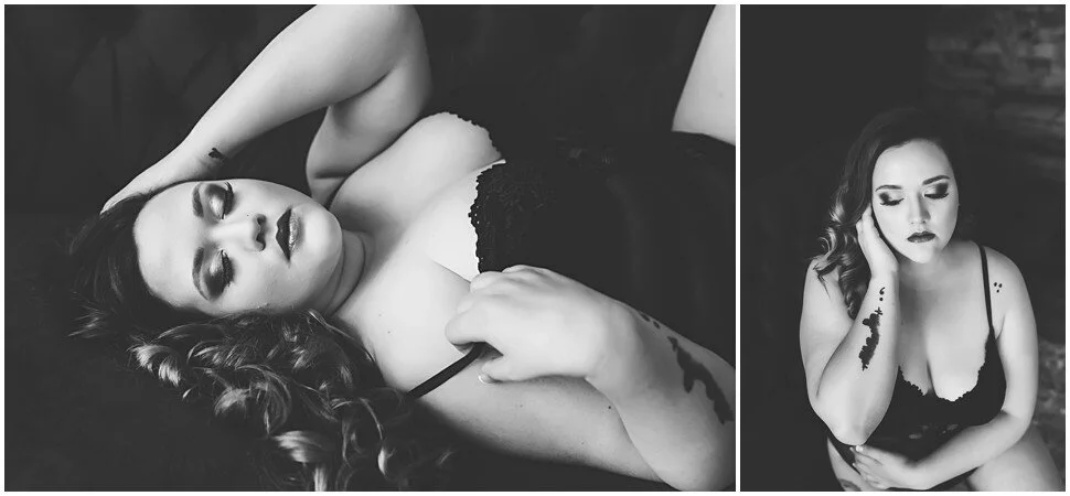 black and white image of a woman on a couch