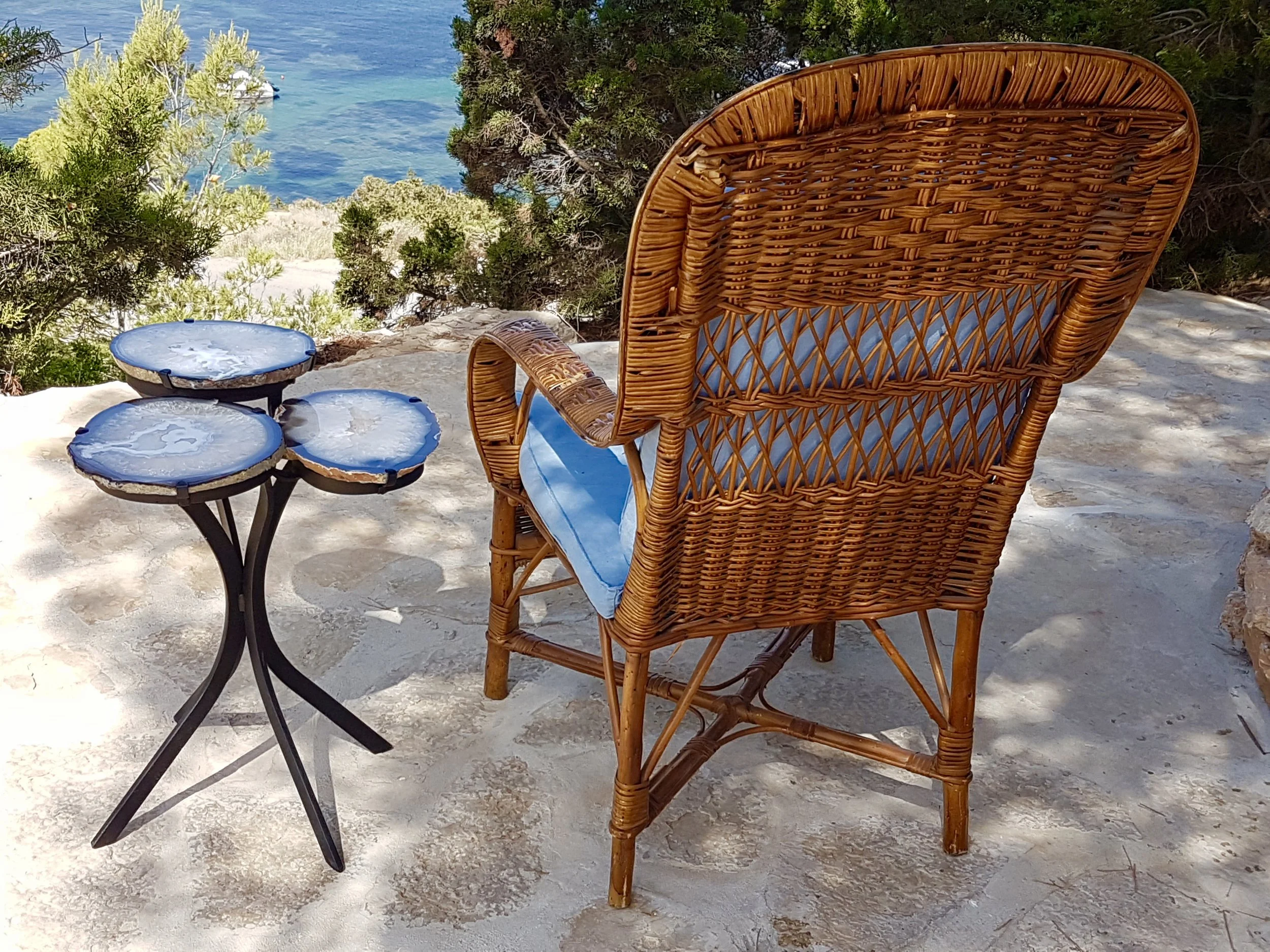 A beautiful Blue Agate and Quartz 3 slice table on 4 cast iron legs (sold)