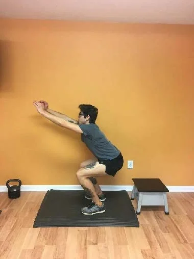 Double Leg Box Jump *note: land "sitting back" into hips for SOFT landing (trunk will be angled forward). Do not land with body vertical and hard through knees. Knees should face forward.