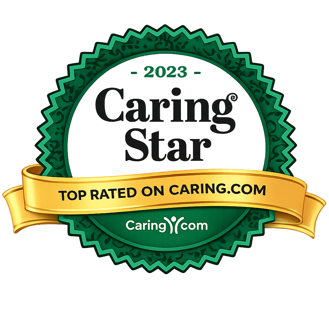 Caring Star award badge for 2023 from Careing.com featuring a green circular seal with a yellow ribbon stating 'Top Rated on Caring.com'.