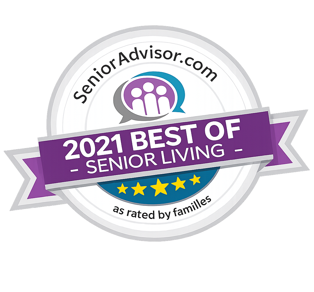 Badge with text '2021 Best of Senior Living' from SeniorAdvisor.com, rated by families, with purple ribbon and yellow stars.