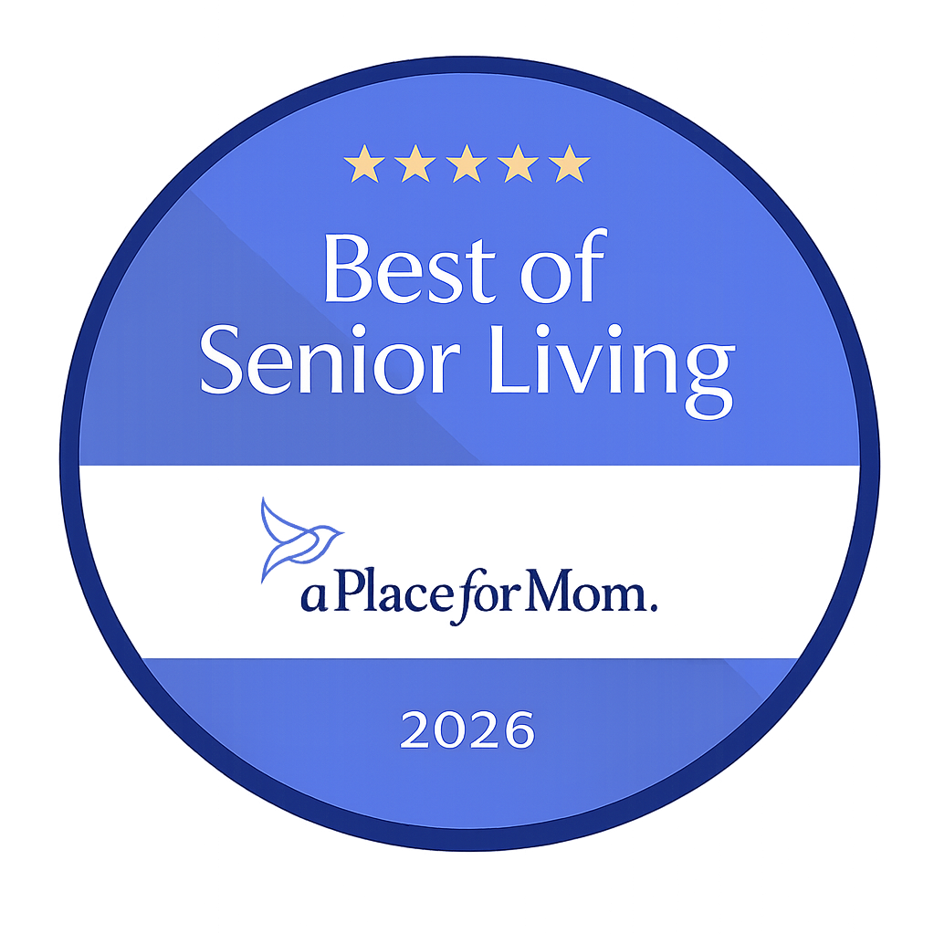 Blue circular badge with gold stars at the top, text reading 'Best of Senior Living,' a dove graphic, and the words 'a Place for Mom' with the year 2026.