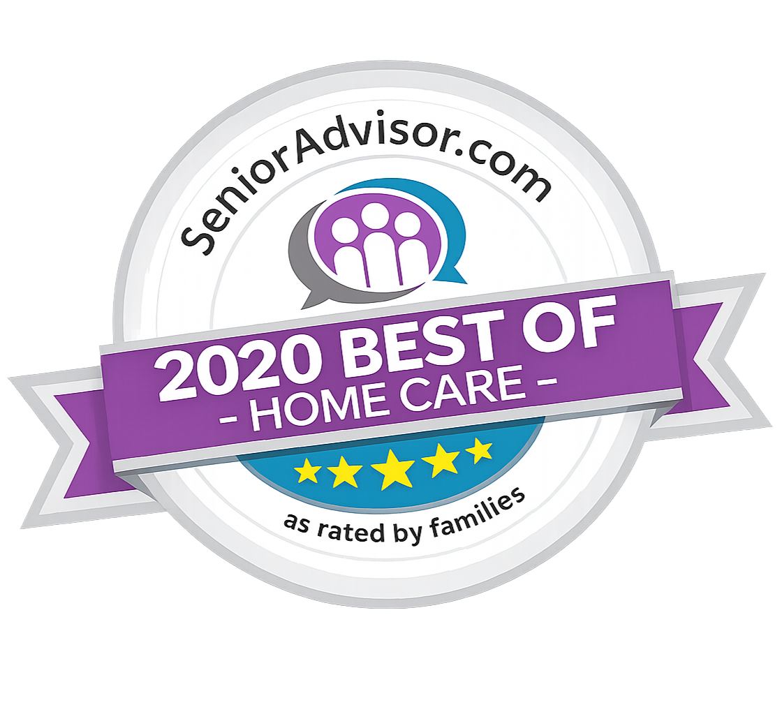 Badge featuring the SeniorAdvisor.com logo, purple banner stating "2020 Best of Home Care" with five stars, awarded as rated by families.