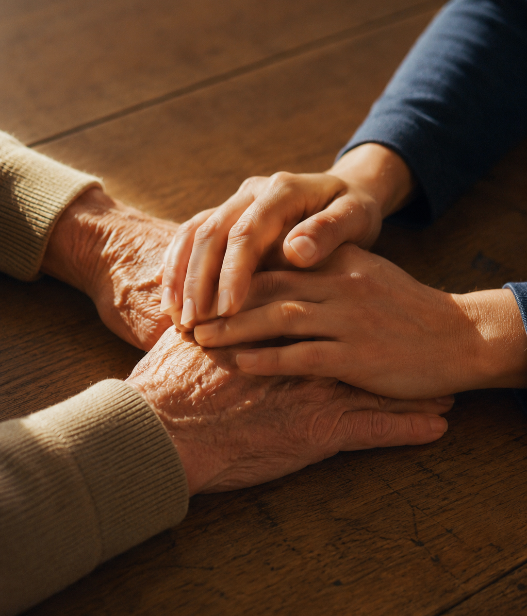 Two pairs of hands, one elderly and one younger, touching on a wooden table, symbolizing care and support.