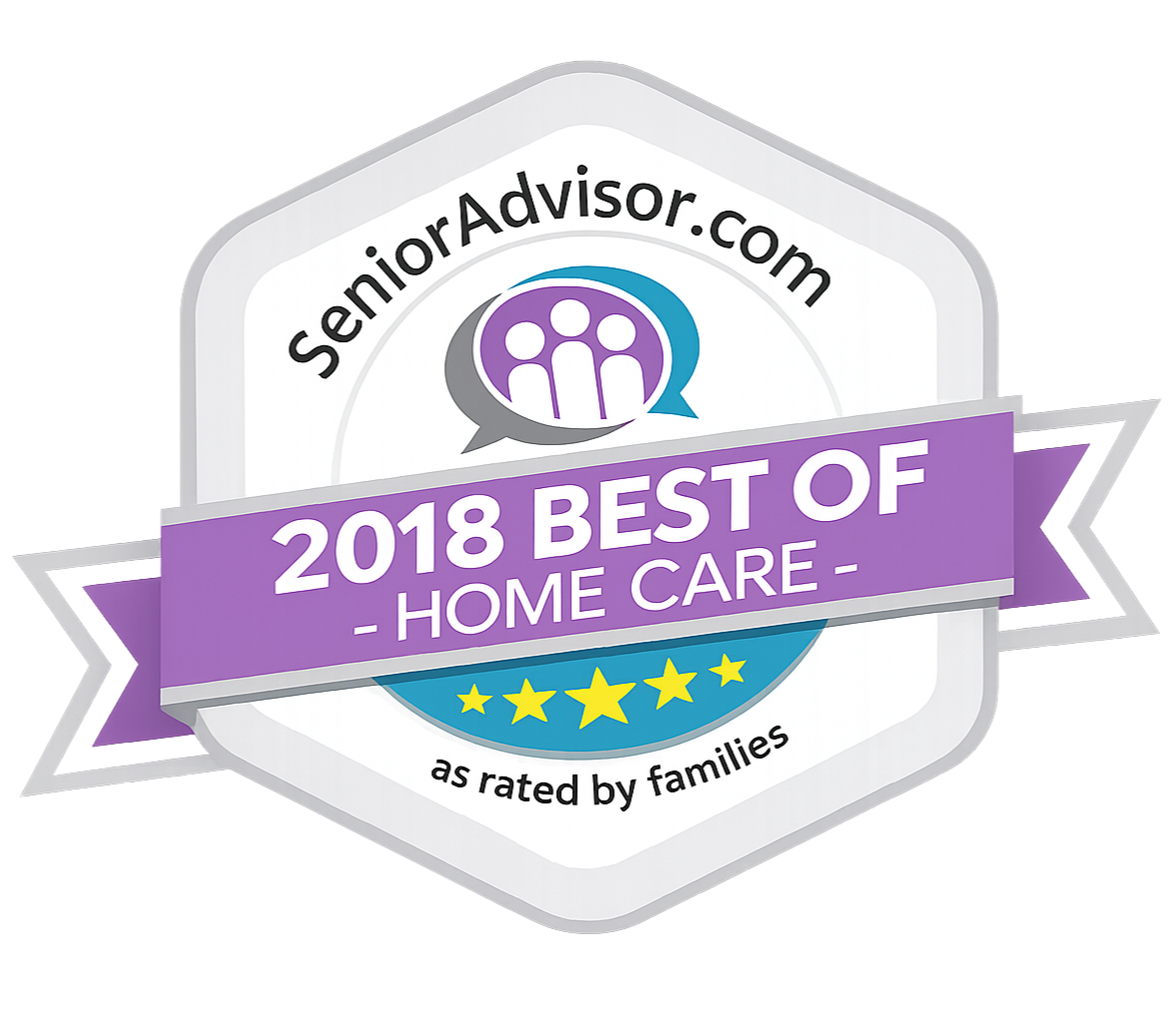 Badge from senioradvisor.com recognizing a home care service as one of the best of 2018, rated by families, with five stars and purple ribbon.