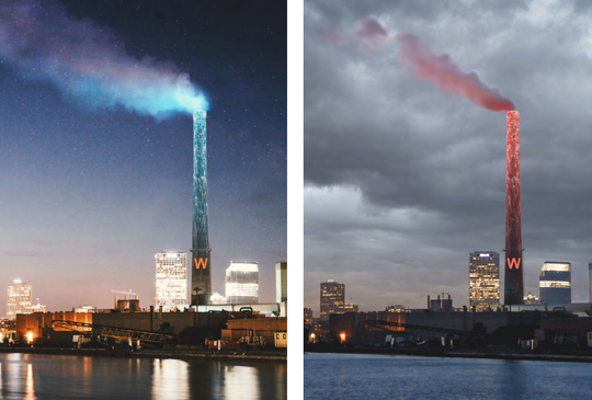 The smokestack at the Jones Island sewage treatment plant would change its lit color from blue to red as part of the WaterMarks public art project. (Photo: Mary Miss)